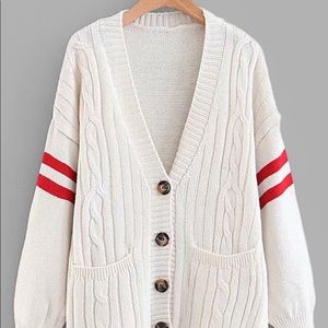 Preppy Pocket Front Button Striped Detail Sweater